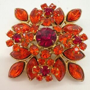 Vintage Red Orange Rhinestone Brooch Gold Tone Cluster Flower‎ Statement